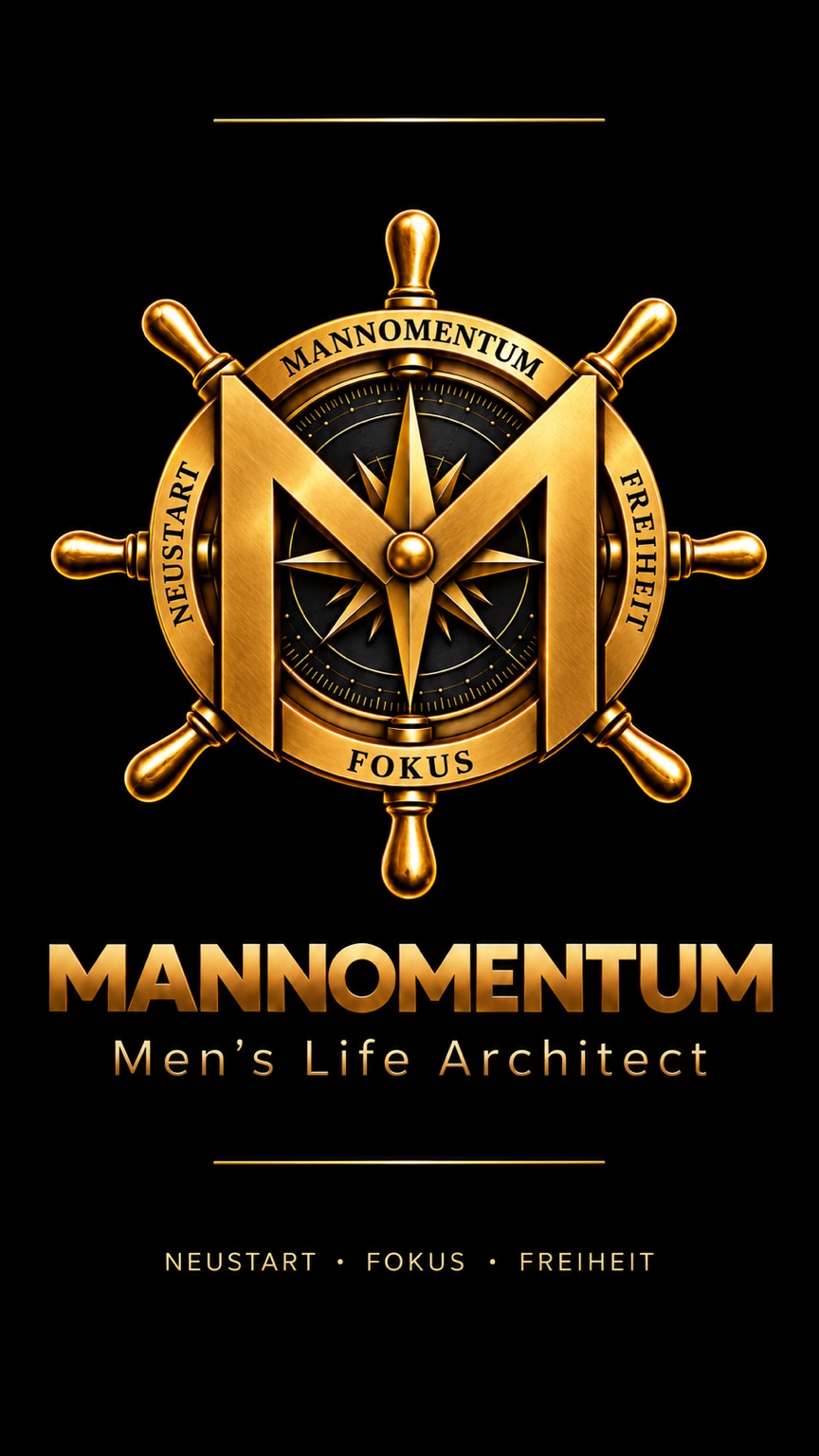 MANNOMENTUM – goldenes Steuerrad mit M und Kompass; darunter MANNOMENTUM, Men’s Life Architect sowie Neustart · Fokus · Freiheit
